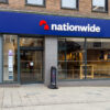 Shrewsbury, UK - March 24, 2025; Nationwide Building Society financial office with cash machine on British high street
