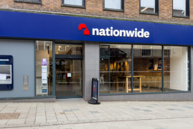 Shrewsbury, UK - March 24, 2025; Nationwide Building Society financial office with cash machine on British high street