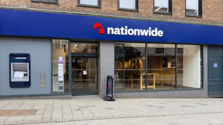 Shrewsbury, UK - March 24, 2025; Nationwide Building Society financial office with cash machine on British high street