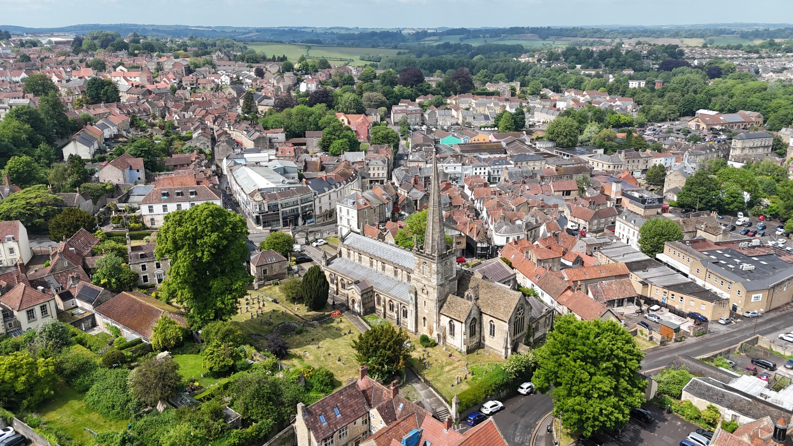 Frome town centre in Somerset UK drone,aerial